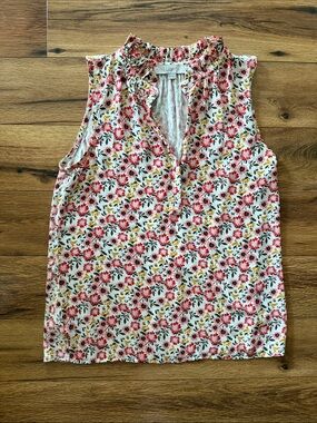 LOFT Floral Ruffle Neck Sleeveless Top - White with Pink and Yellow Flowers